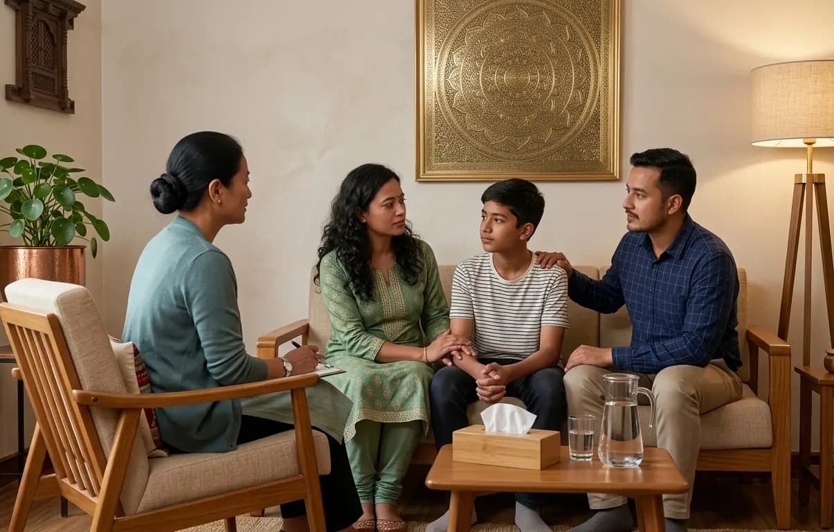 A family engaged in a supportive therapy session
