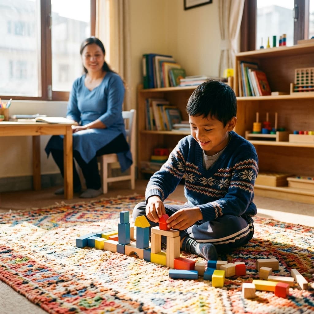 Therapist engaging with a child in an age-appropriate therapeutic setting
