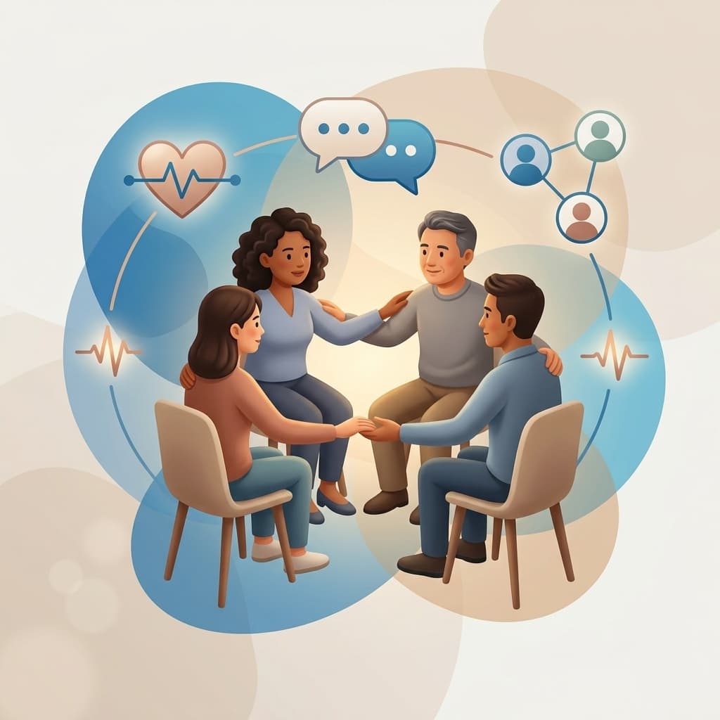 A group of individuals participating in a guided peer support session in Kathmandu