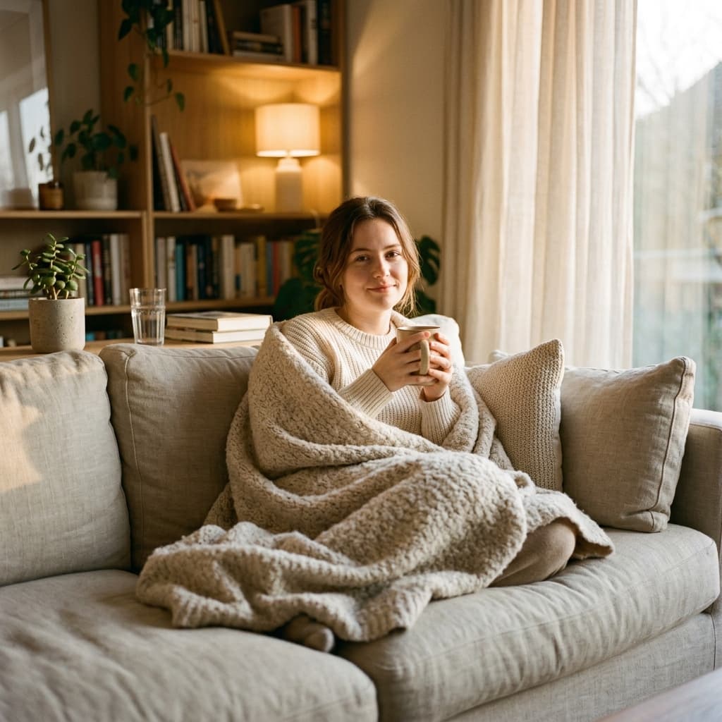 A person wrapped in a warm blanket feeling safe and secure during trauma recovery therapy