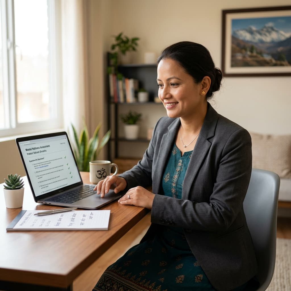 A calm person taking a mental health screening on a laptop